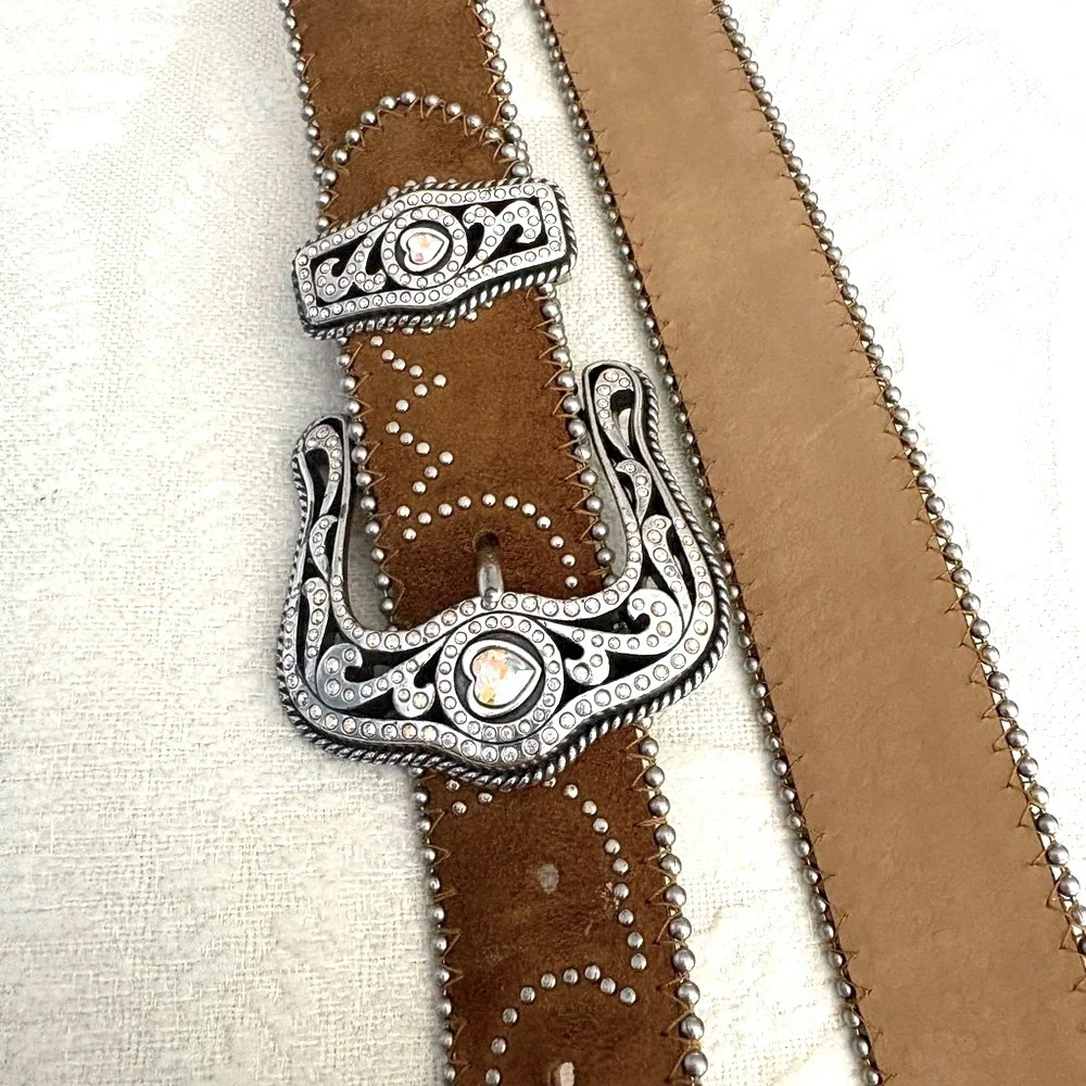 Tony Lama Brown Suede Belt 34 Crystal Heart Buckle Studded Western Cowgirl Y2K
